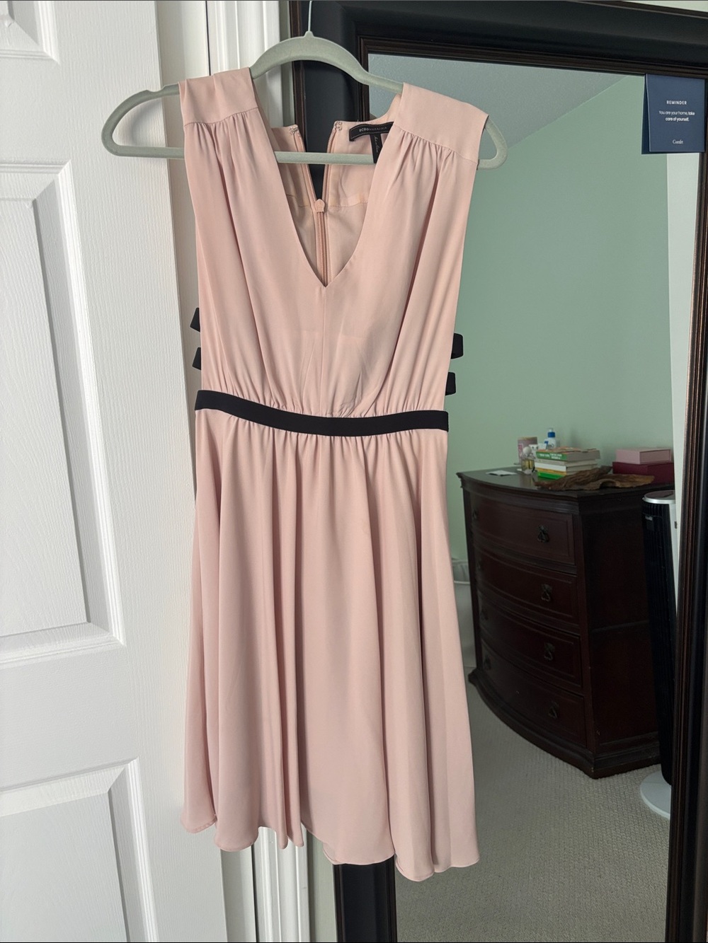 BCBGMaxAzria Blush Pink Midi Dress with Black Waistband